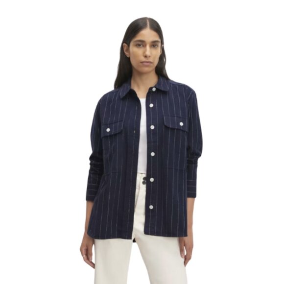 Everlane Womens Medium Striped Navy Cotton Shacket - Picture 1 of 14